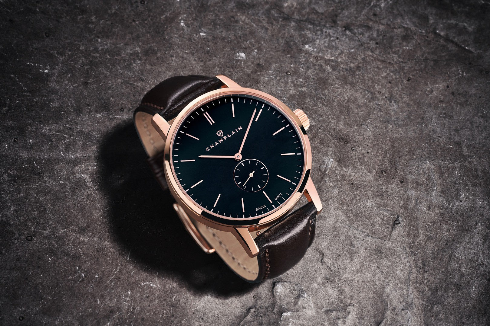 Champlain watch The Governor in a Rose Gold case, black dial with a brown leather strap.